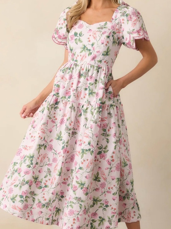 TCEC Dresses & Skirts - TCEC Pink Floral Midi Dress with Green Leaf Print